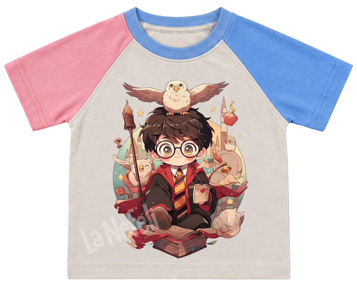 Little Harry Potter and Hedwig kids' T-shirt, pink and blue raglan sleeves, blue collar