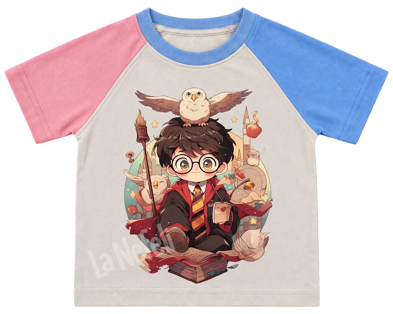 Little Harry Potter and Hedwig kids' T-shirt, pink and blue raglan sleeves, blue collar