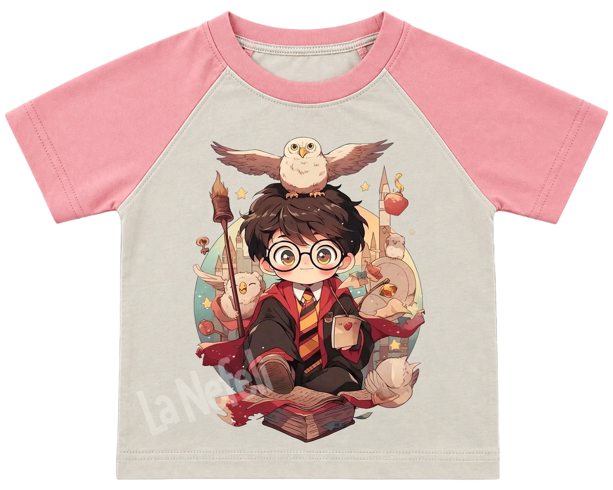 Little Harry Potter and Hedwig kids' T-shirt, raglan with pink sleeves