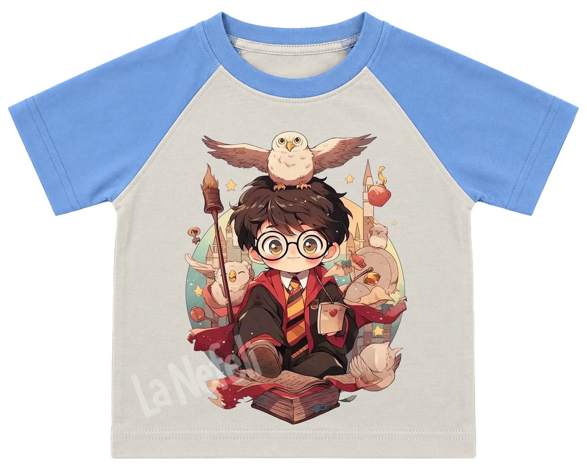Little Harry Potter and Hedwig kids' T-shirt, raglan with blue sleeves