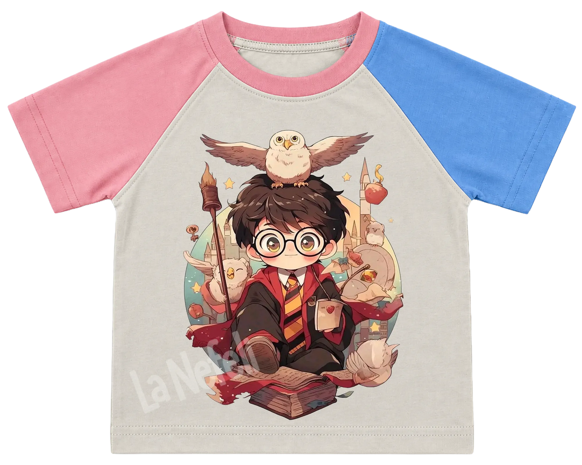 Little Harry Potter and Hedwig kids' T-shirt, pink and blue raglan sleeves, pink collar