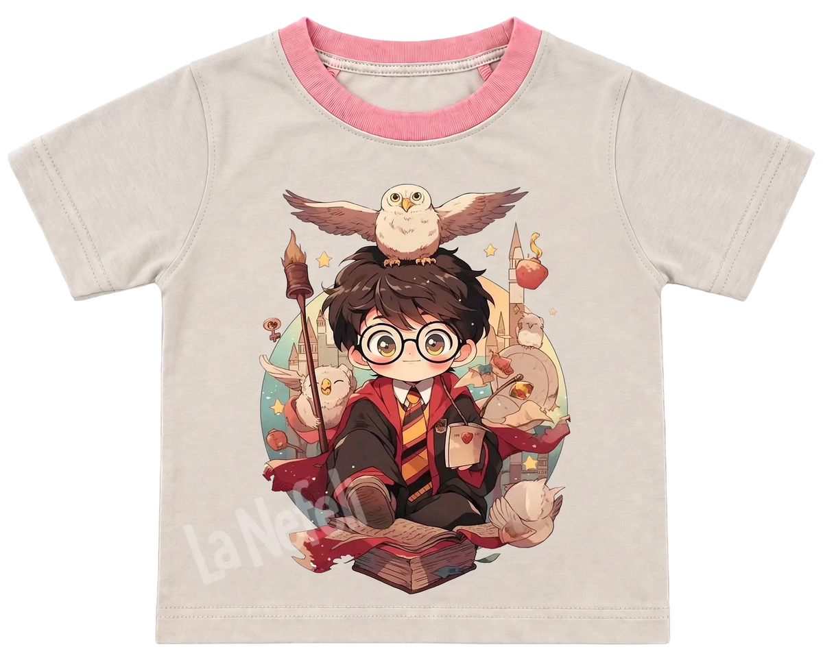 Little Harry Potter and Hedwig kids' T-shirt, cream with a pink neckline