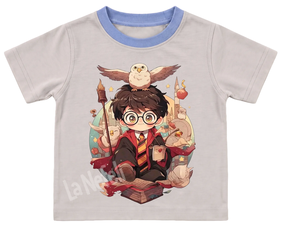 Little Harry Potter and Hedwig kids' T-shirt, cream with a blue neckline