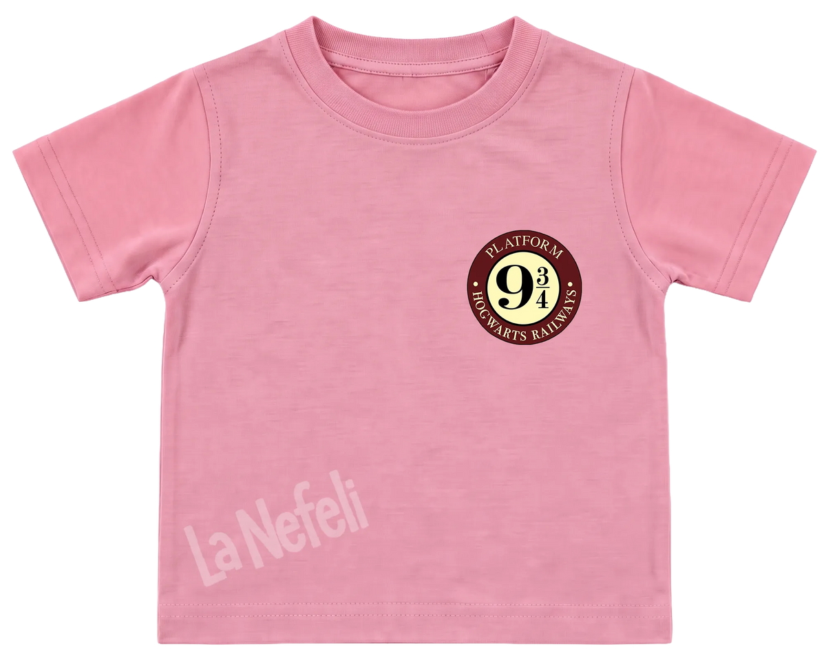 Harry Potter Hogwarts castle kids' T-shirt, all pink, a small Platform 9¾ badge on the chest