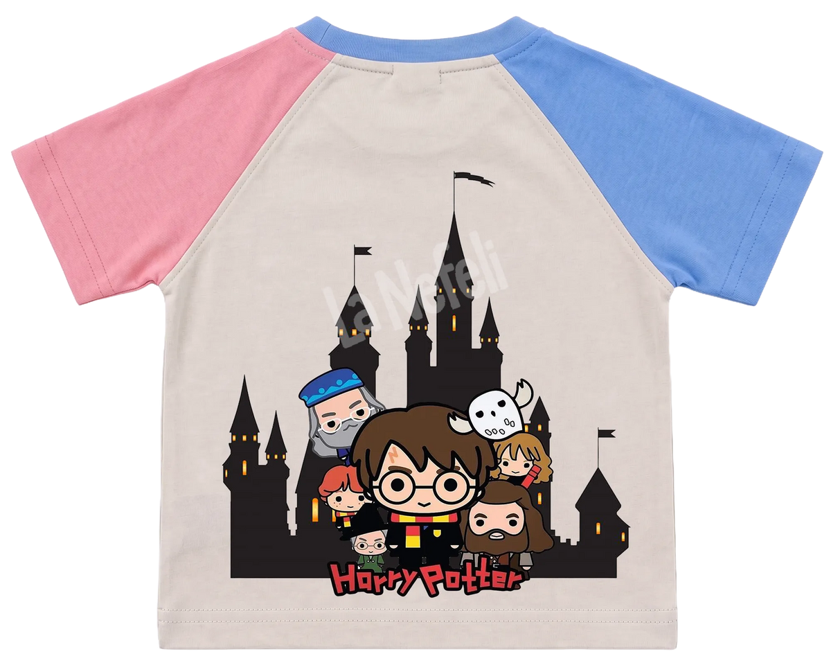 Harry Potter Hogwarts castle kids' T-shirt, pink and blue raglan sleeves, blue collar, big print on the back
