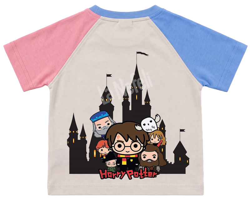 Harry Potter Hogwarts castle kids' T-shirt, pink and blue raglan sleeves, blue collar, big print on the back