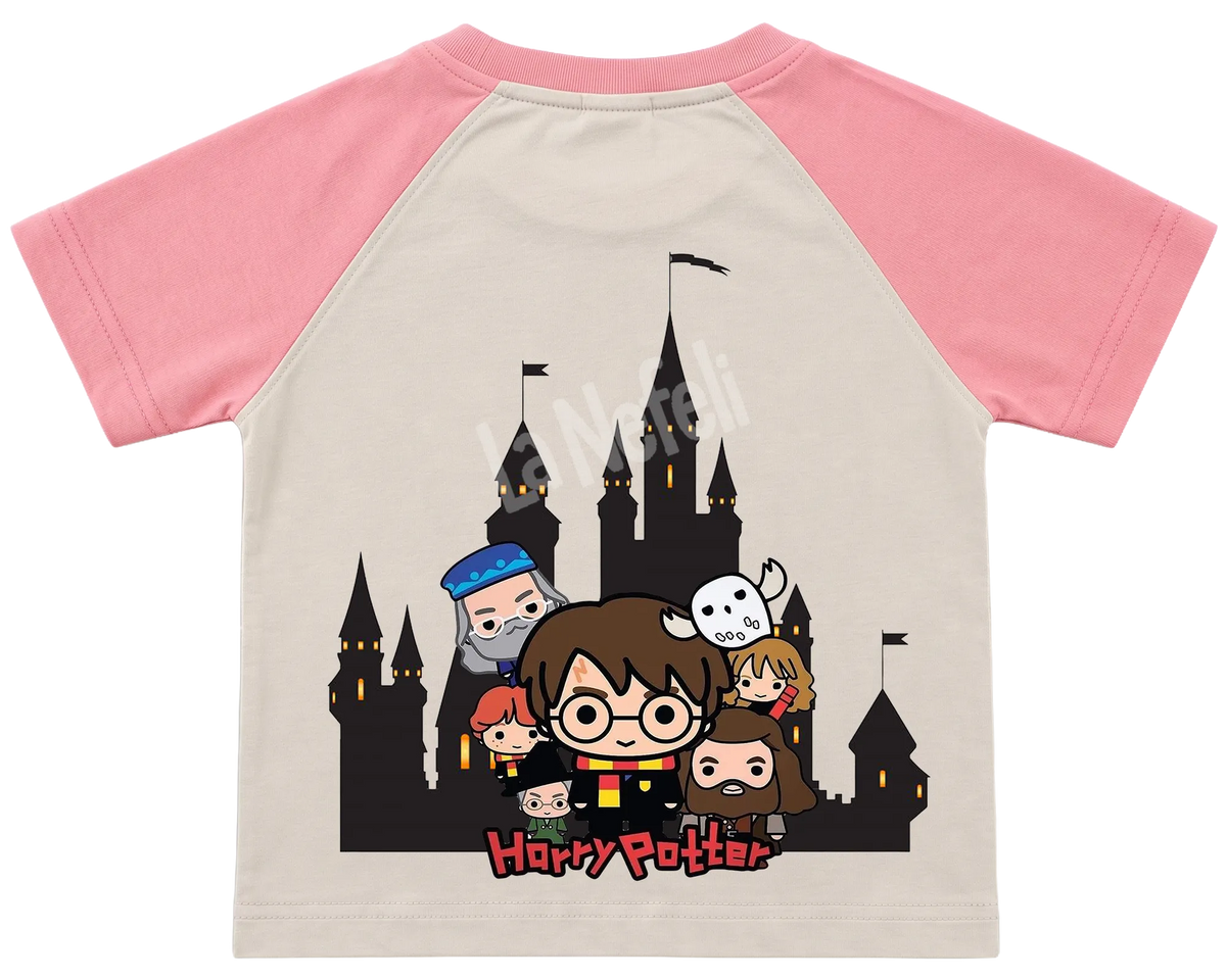 Harry Potter Hogwarts castle kids' T-shirt, raglan with pink sleeves, big print on the back