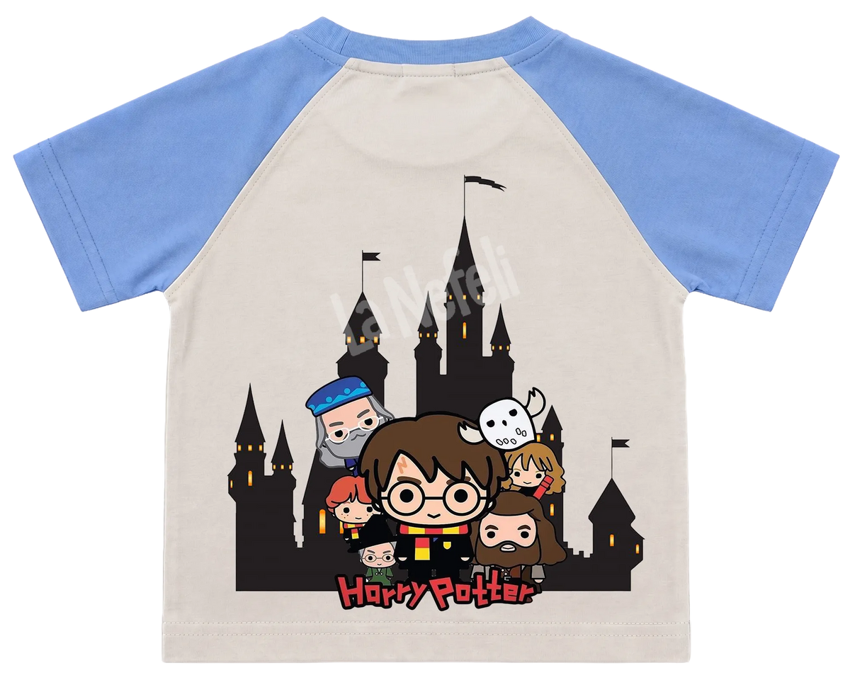Harry Potter Hogwarts castle kids' T-shirt, raglan with blue sleeves, big print on the back