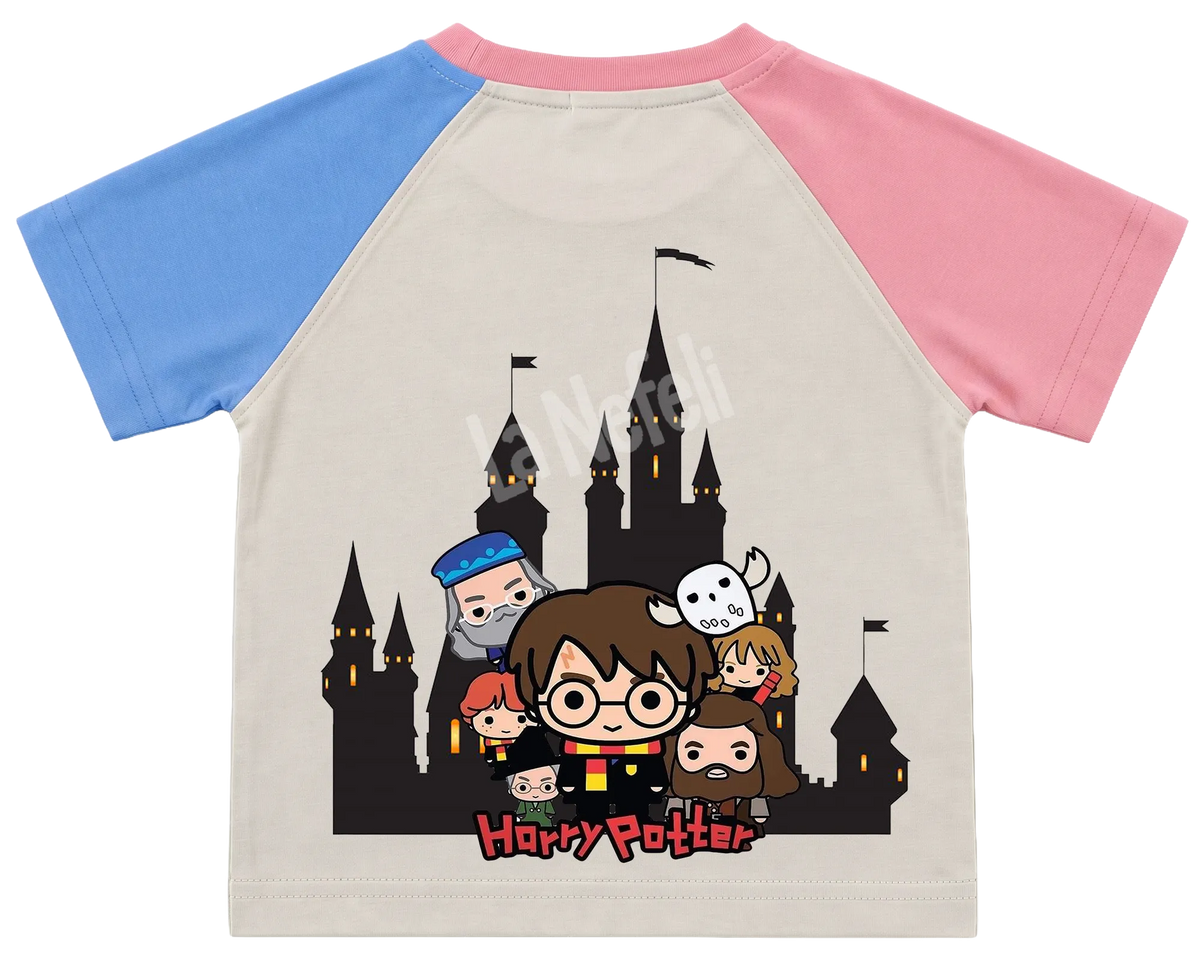 Harry Potter Hogwarts castle kids' T-shirt, pink and blue raglan sleeves, pink collar, big print on the back