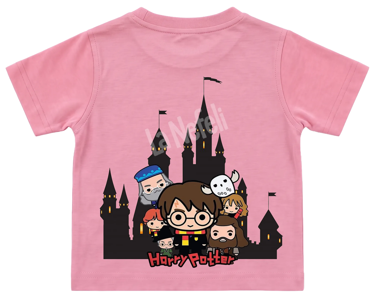 Harry Potter Hogwarts castle kids' T-shirt, all pink, big print on the back