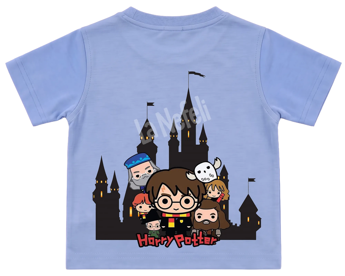 Harry Potter Hogwarts castle kids' T-shirt, all blue, big print on the back