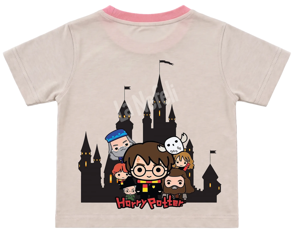 Harry Potter Hogwarts castle kids' T-shirt, cream with a pink neckline, big print on the back