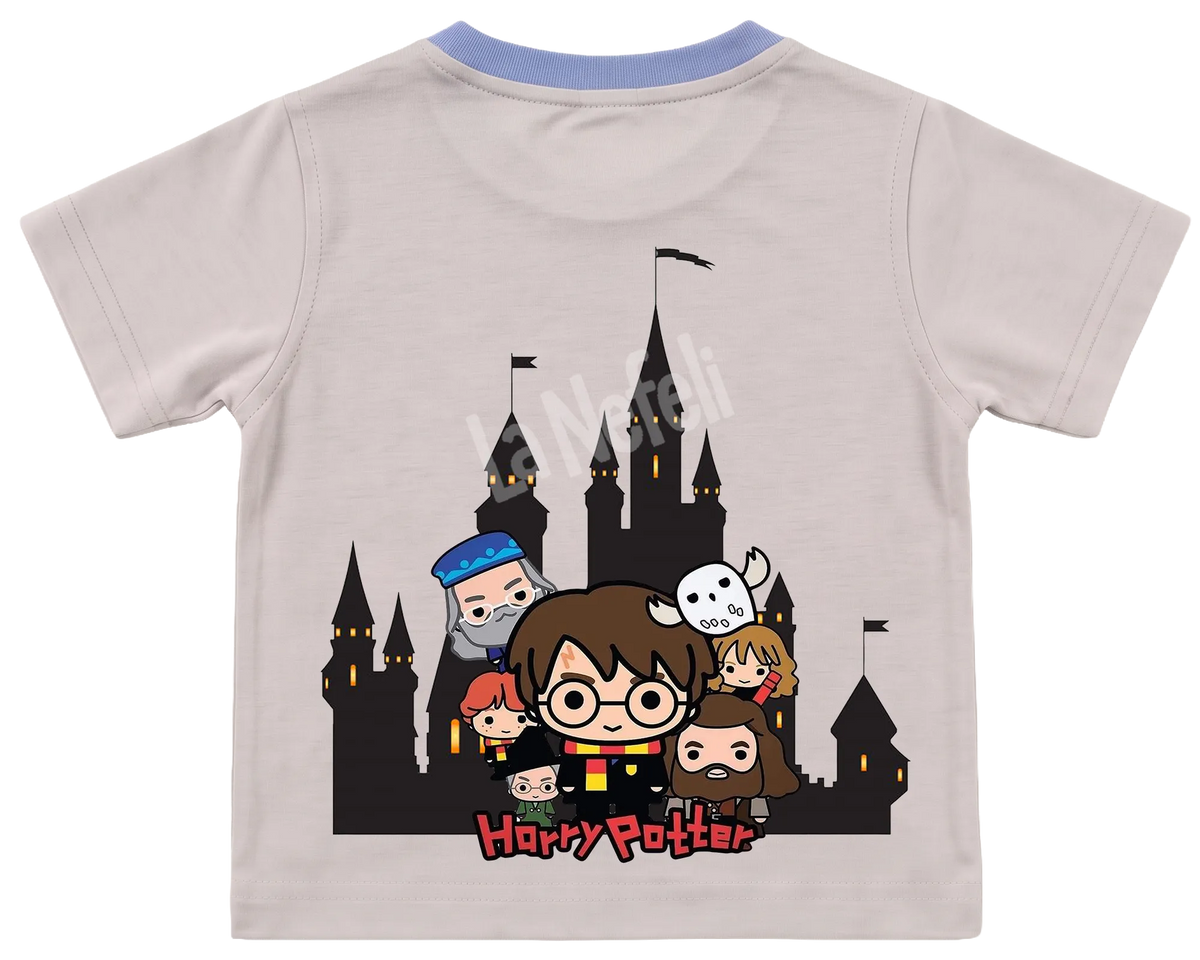 Harry Potter Hogwarts castle kids' T-shirt, cream with a blue neckline, big print on the back