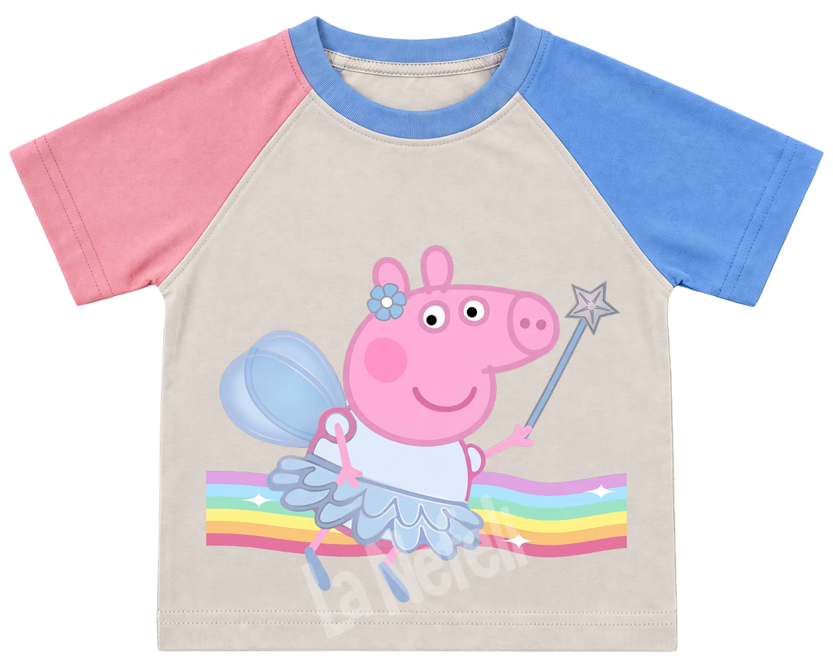 Peppa Pig fairy kids' T-shirt, pink and blue raglan sleeves, blue collar