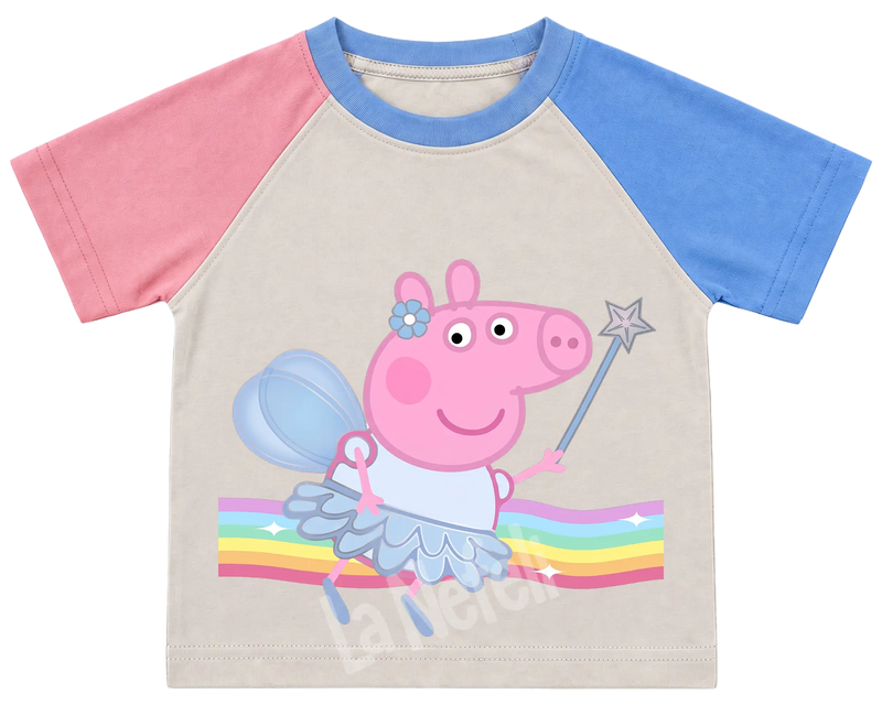 Peppa Pig fairy kids' T-shirt, pink and blue raglan sleeves, blue collar