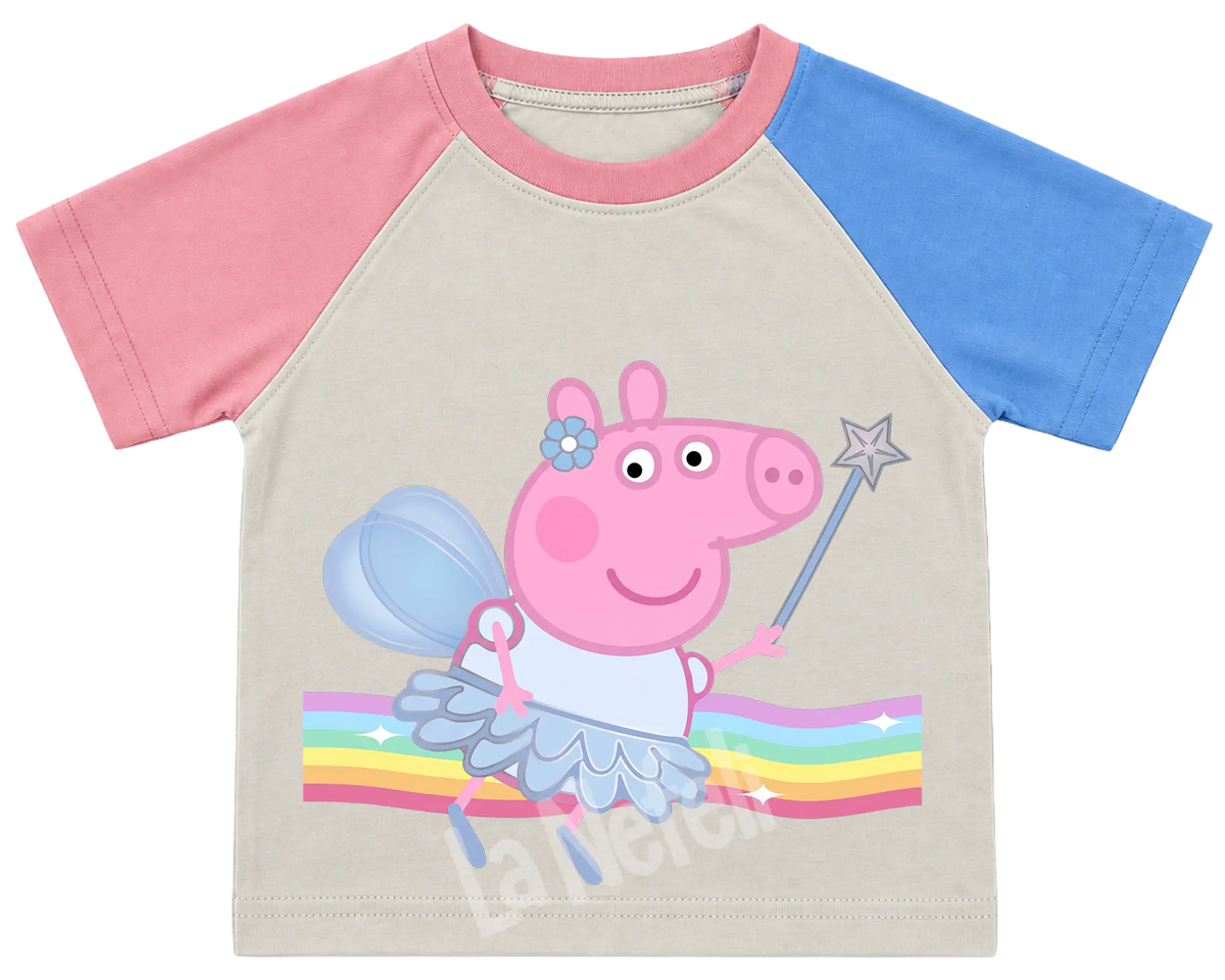 Peppa Pig fairy kids' T-shirt, pink and blue raglan sleeves, pink collar