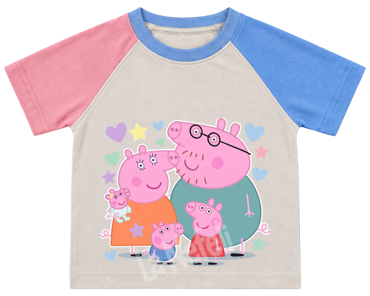 Peppa Pig family kids' T-shirt, pink and blue raglan sleeves, blue collar