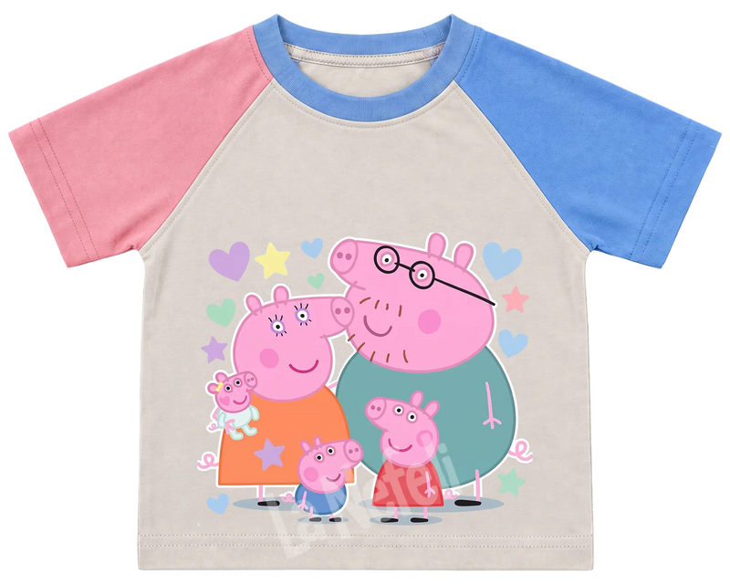 Peppa Pig family kids' T-shirt, pink and blue raglan sleeves, blue collar