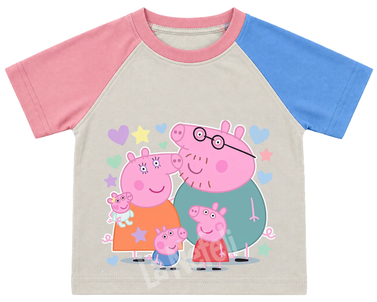 Peppa Pig family kids' T-shirt, pink and blue raglan sleeves, pink collar