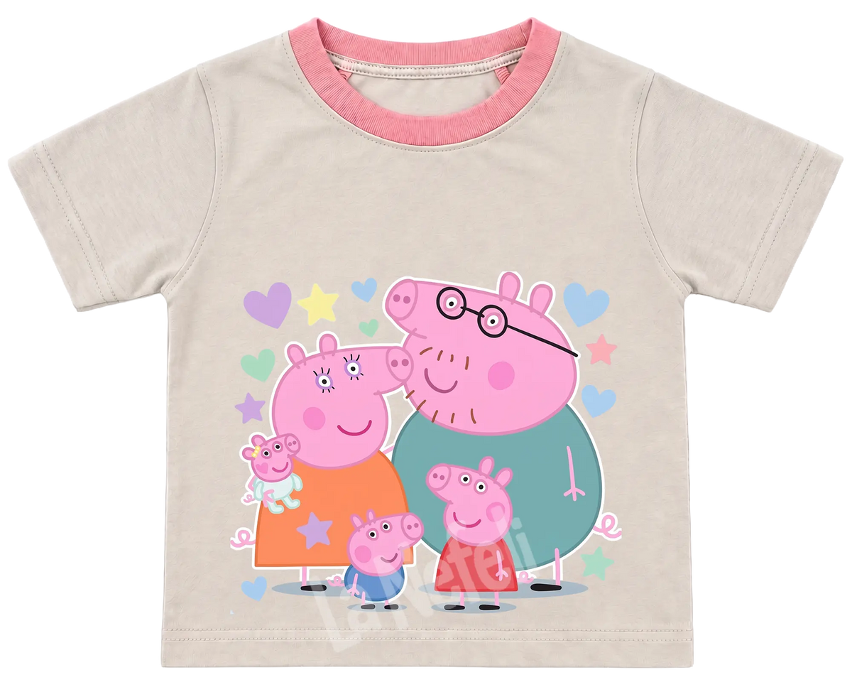 Peppa Pig family kids' T-shirt, cream with a pink neckline