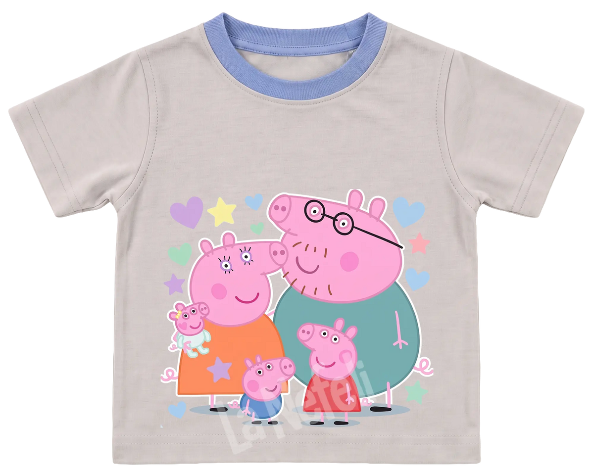 Peppa Pig family kids' T-shirt, cream with a blue neckline