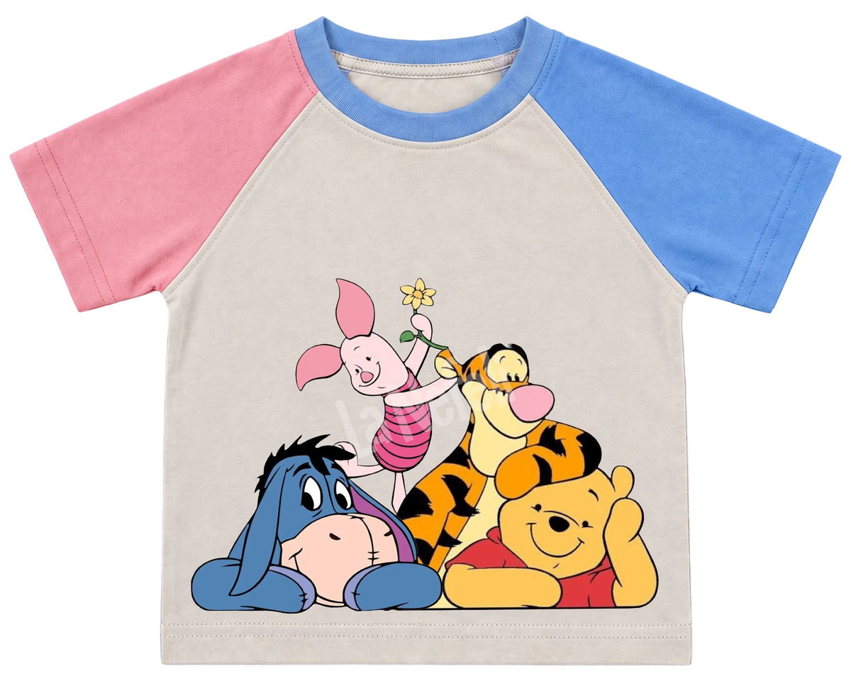 Winnie the Pooh and friends cuddle kids' T-shirt, pink and blue raglan sleeves, blue collar