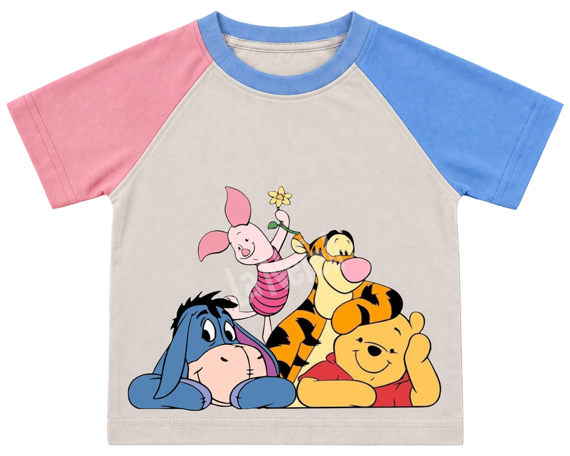 Winnie the Pooh and friends cuddle kids' T-shirt, pink and blue raglan sleeves, blue collar