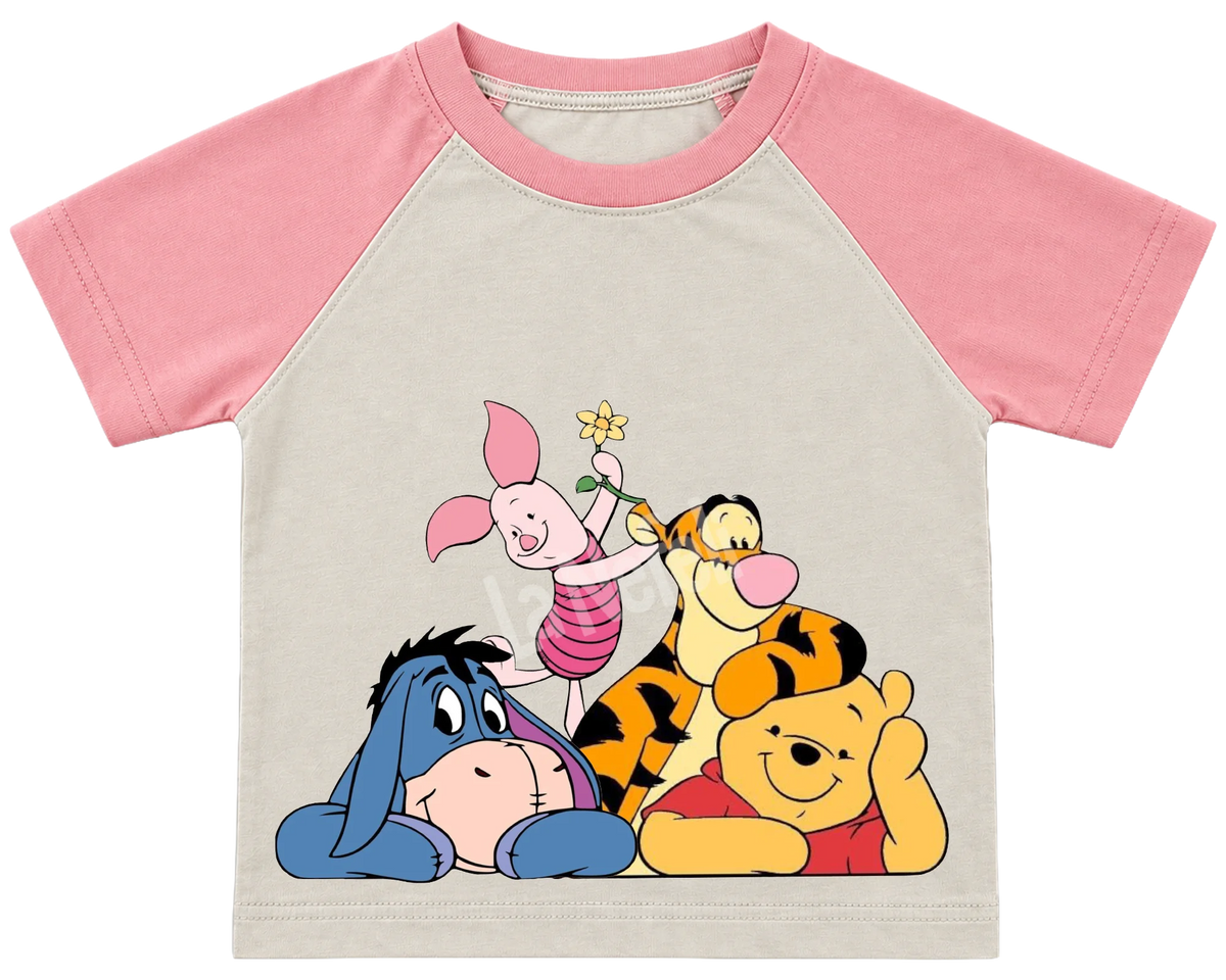Winnie the Pooh and friends cuddle kids' T-shirt, raglan with pink sleeves