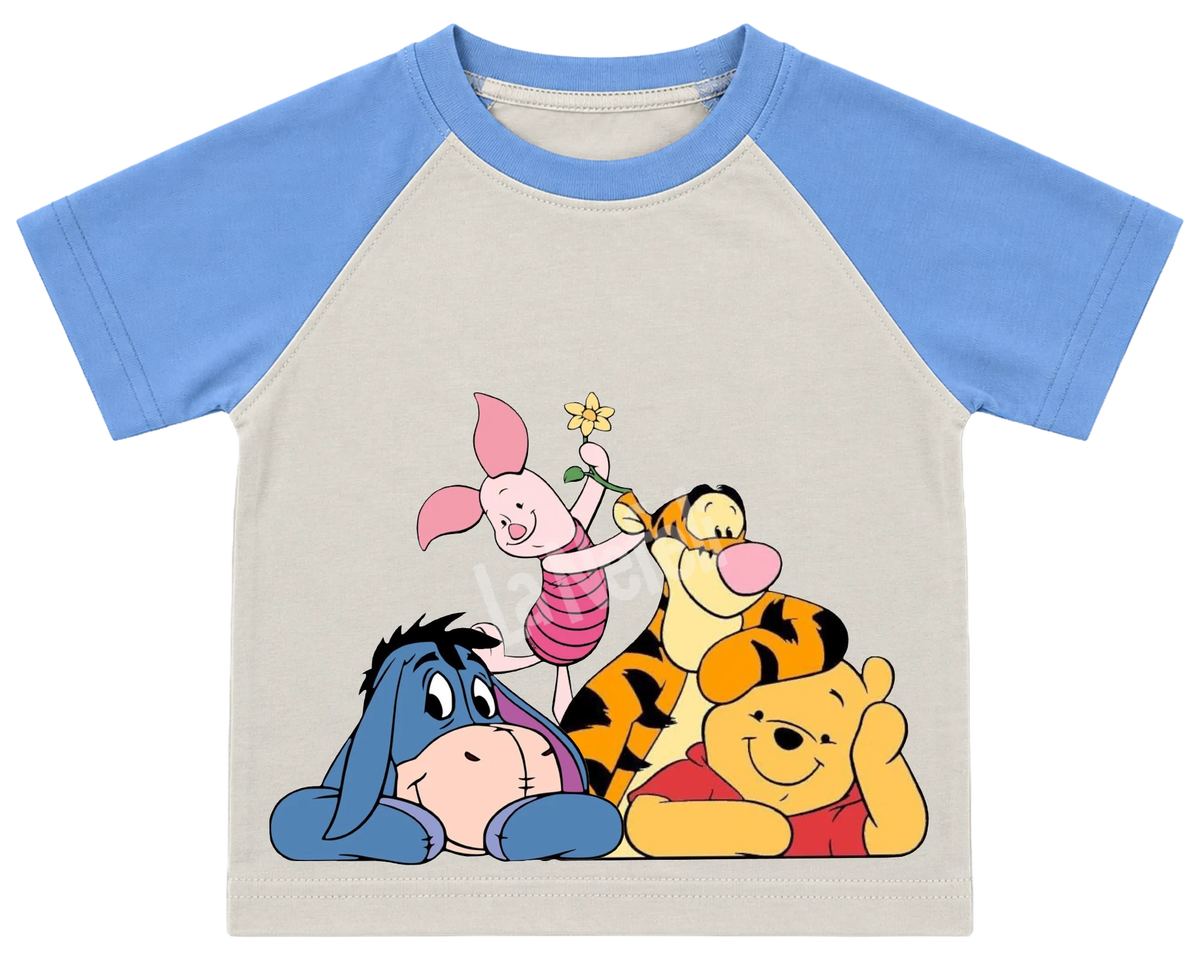 Winnie the Pooh and friends cuddle kids' T-shirt, raglan with blue sleeves
