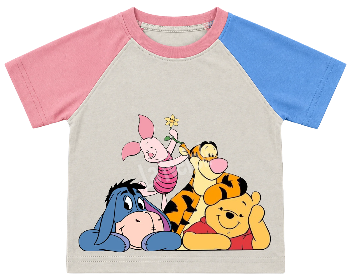 Winnie the Pooh and friends cuddle kids' T-shirt, pink and blue raglan sleeves, pink collar
