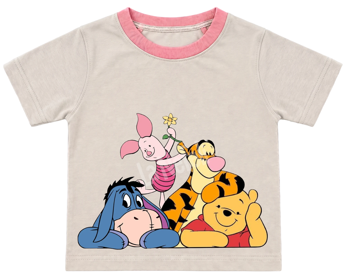 Winnie the Pooh and friends cuddle kids' T-shirt, cream with a pink neckline