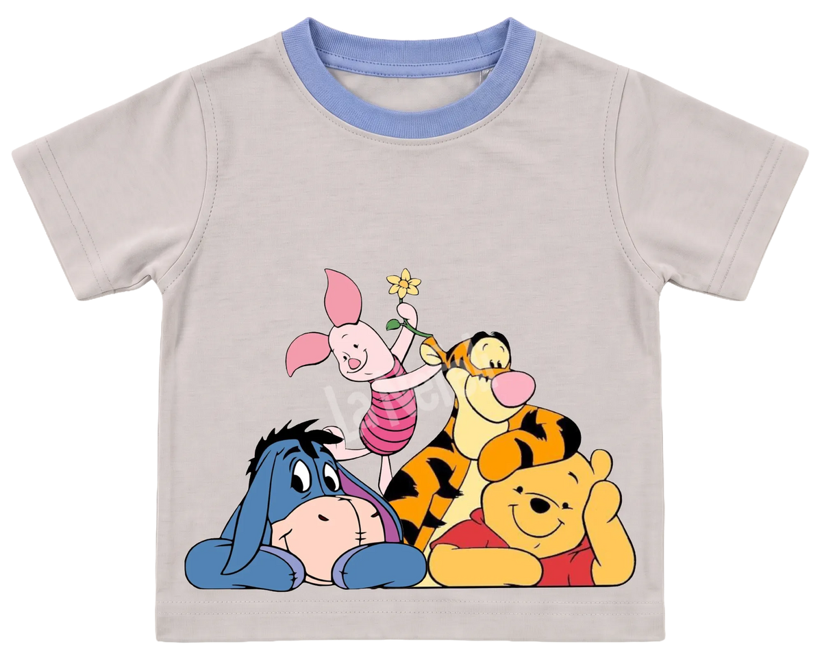Winnie the Pooh and friends cuddle kids' T-shirt, cream with a blue neckline