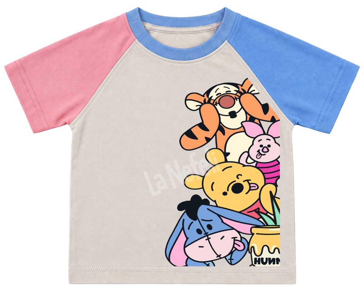 Winnie the Pooh and friends stack kids' T-shirt, pink and blue raglan sleeves, blue collar