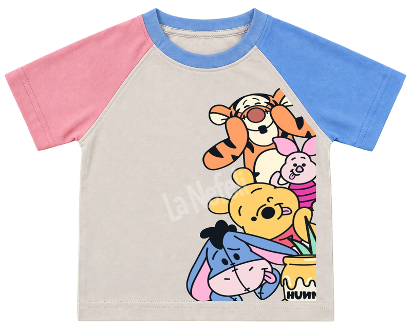 Winnie the Pooh and friends stack kids' T-shirt, pink and blue raglan sleeves, blue collar