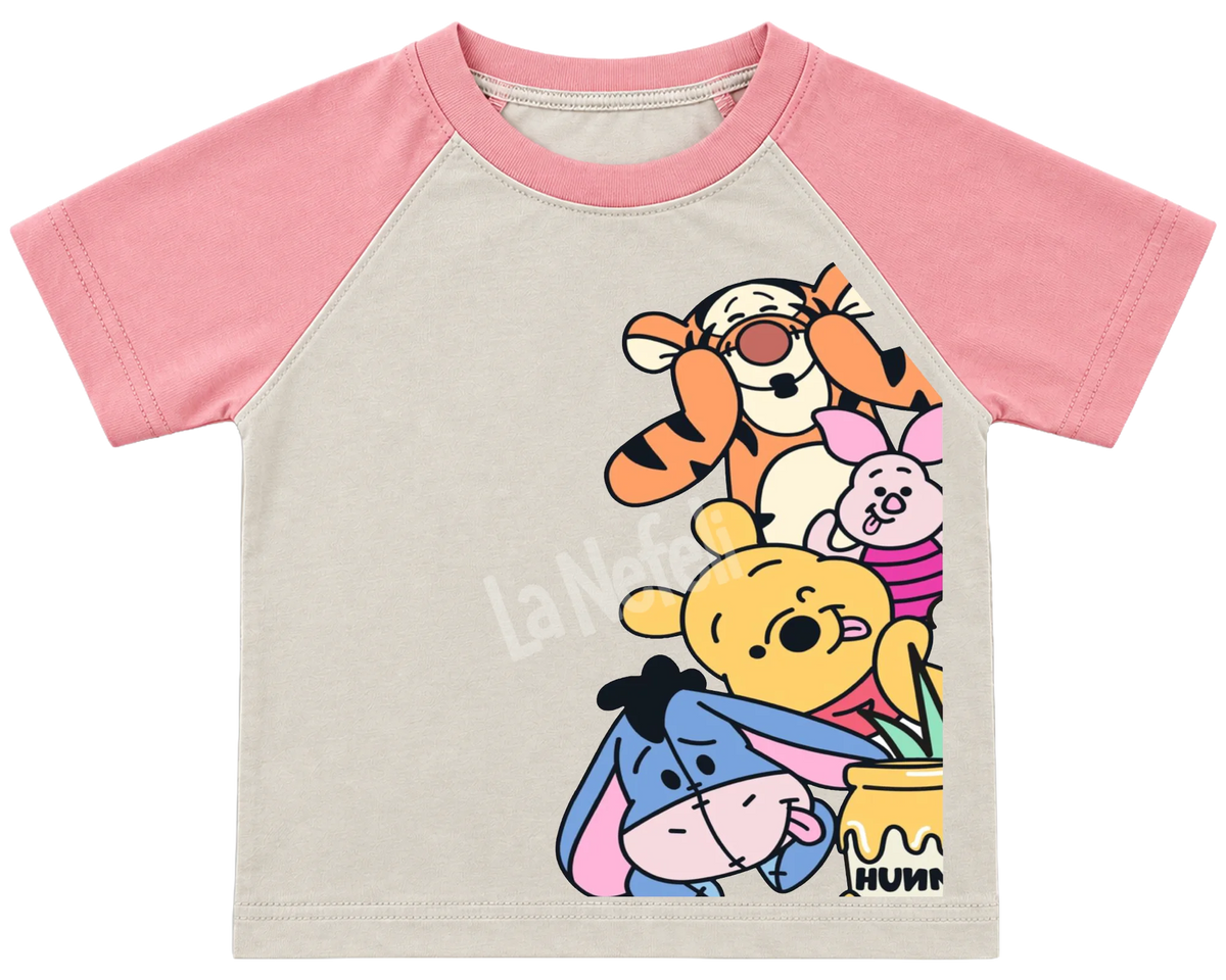 Winnie the Pooh and friends stack kids' T-shirt, raglan with pink sleeves