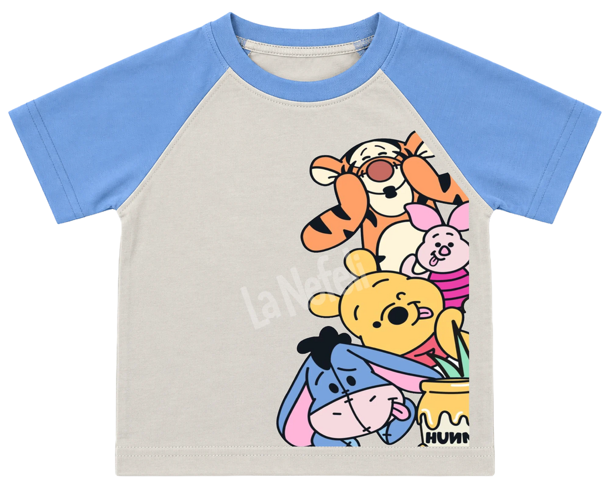 Winnie the Pooh and friends stack kids' T-shirt, raglan with blue sleeves