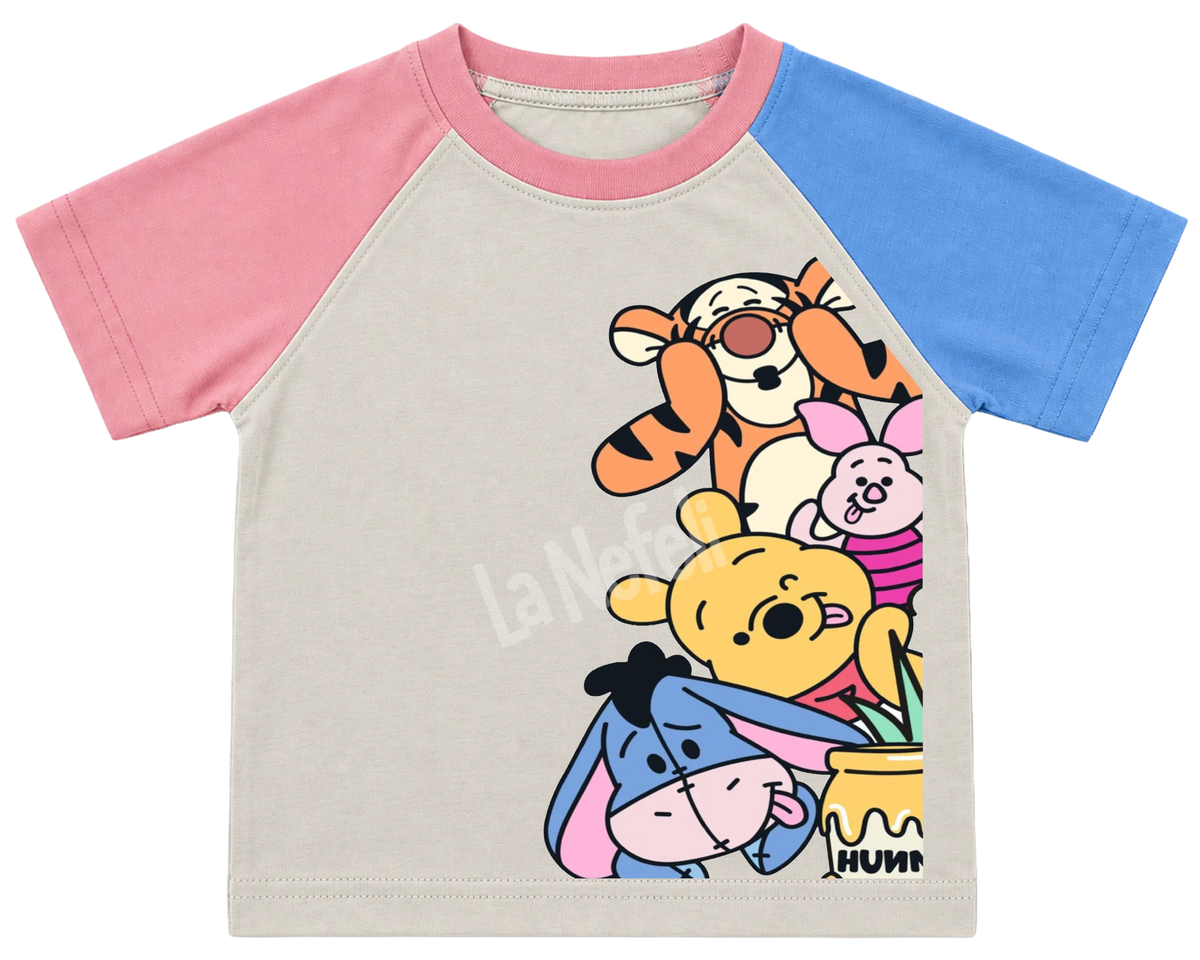 Winnie the Pooh and friends stack kids' T-shirt, pink and blue raglan sleeves, pink collar