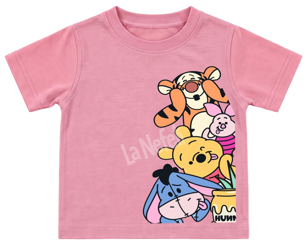 Winnie the Pooh and friends stack kids' T-shirt, all pink