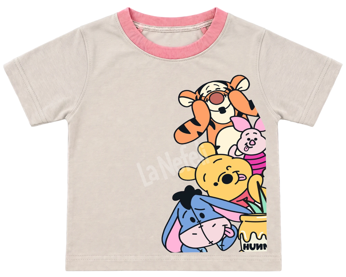 Winnie the Pooh and friends stack kids' T-shirt, cream with a pink neckline