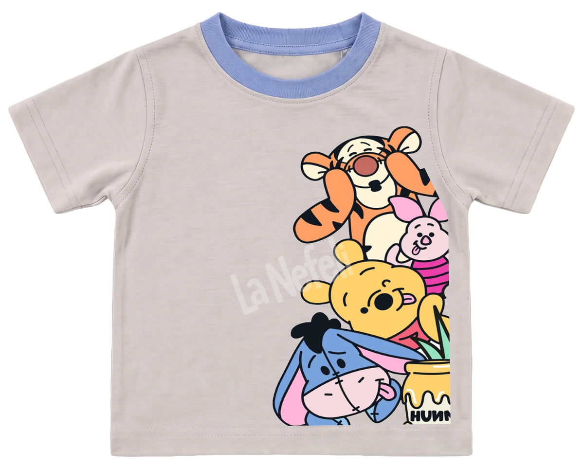 Winnie the Pooh and friends stack kids' T-shirt, cream with a blue neckline
