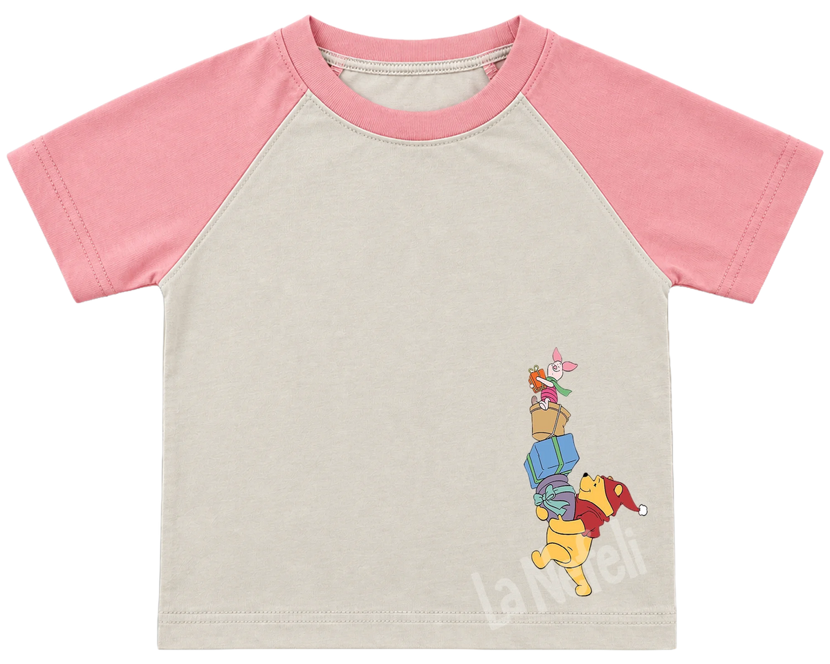 Winnie the Pooh castle parade kids' T-shirt, raglan with pink sleeves, small Pooh and friends on the chest