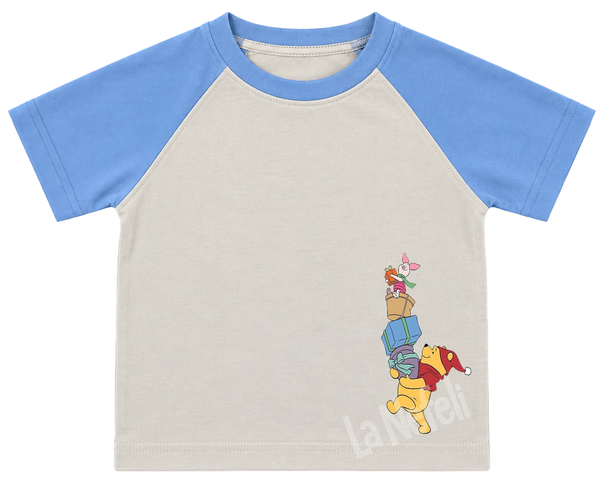 Winnie the Pooh castle parade kids' T-shirt, raglan with blue sleeves, small Pooh and friends on the chest
