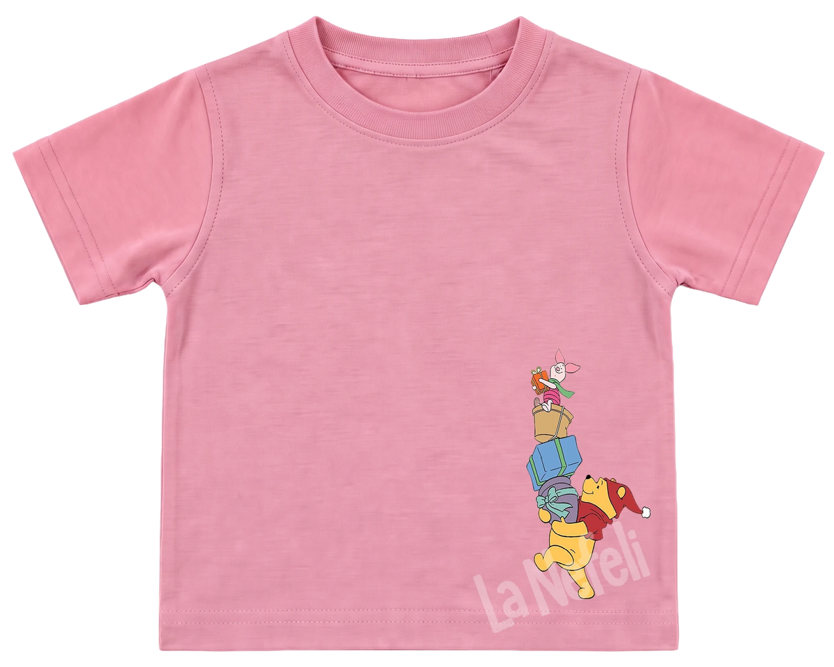Winnie the Pooh castle parade kids' T-shirt, all pink, small Pooh and friends on the chest
