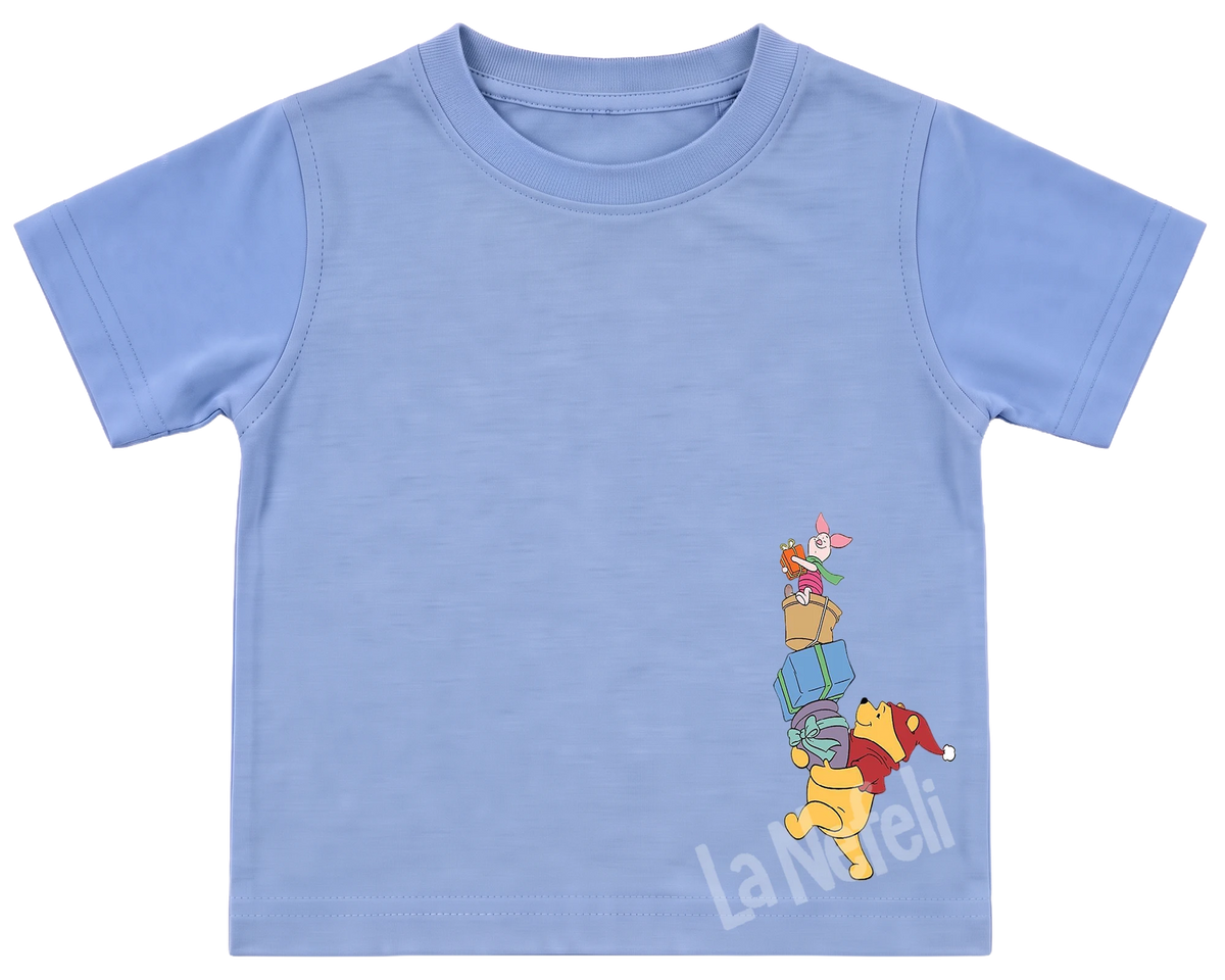 Winnie the Pooh castle parade kids' T-shirt, all blue, small Pooh and friends on the chest