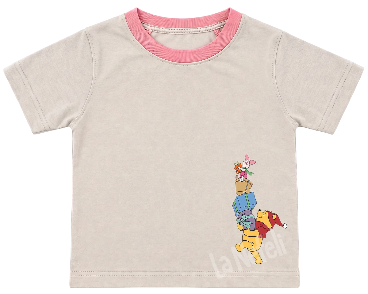 Winnie the Pooh castle parade kids' T-shirt, cream with a pink neckline, small Pooh and friends on the chest