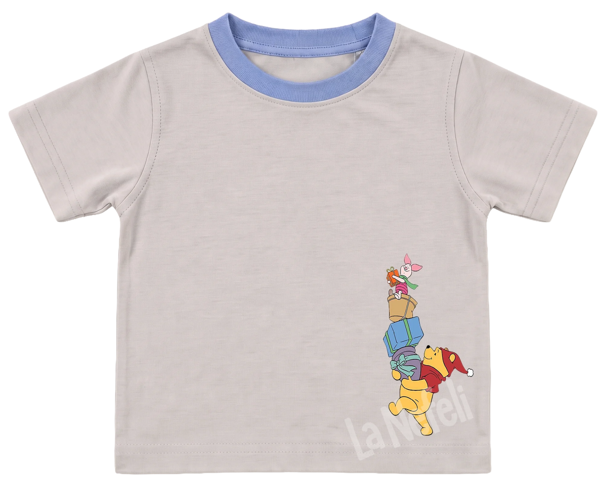 Winnie the Pooh castle parade kids' T-shirt, cream with a blue neckline, small Pooh and friends on the chest
