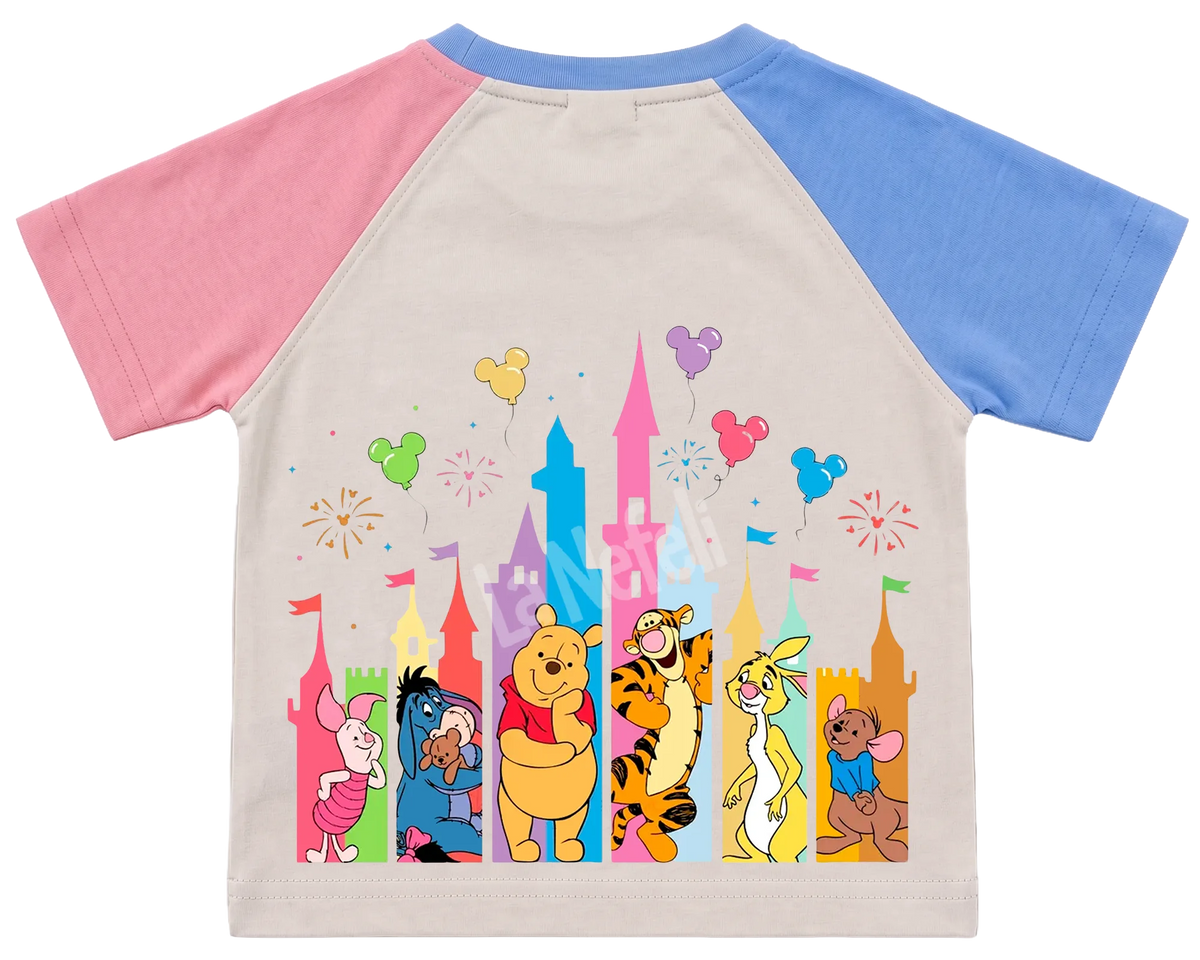 Winnie the Pooh castle parade kids' T-shirt, pink and blue raglan sleeves, blue collar, big print on the back