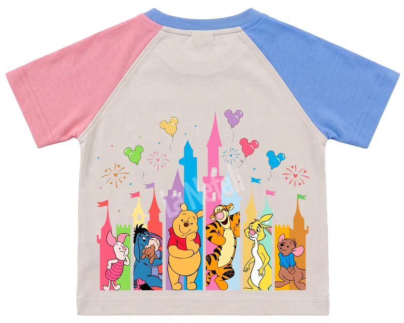 Winnie the Pooh castle parade kids' T-shirt, pink and blue raglan sleeves, blue collar, big print on the back