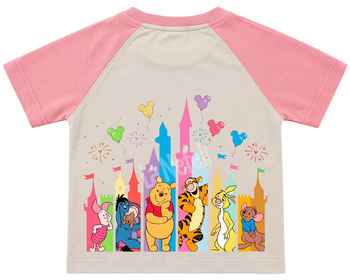 Winnie the Pooh castle parade kids' T-shirt, raglan with pink sleeves, big print on the back
