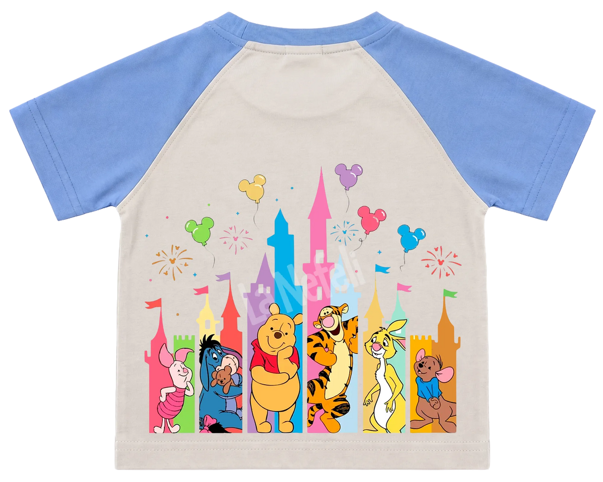 Winnie the Pooh castle parade kids' T-shirt, raglan with blue sleeves, big print on the back